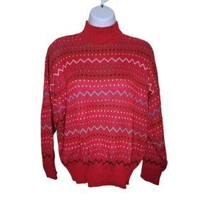 Vintage 80s Turtleneck Sweater Womens Size XL Red Pink Hearts Zig Zag Stripes